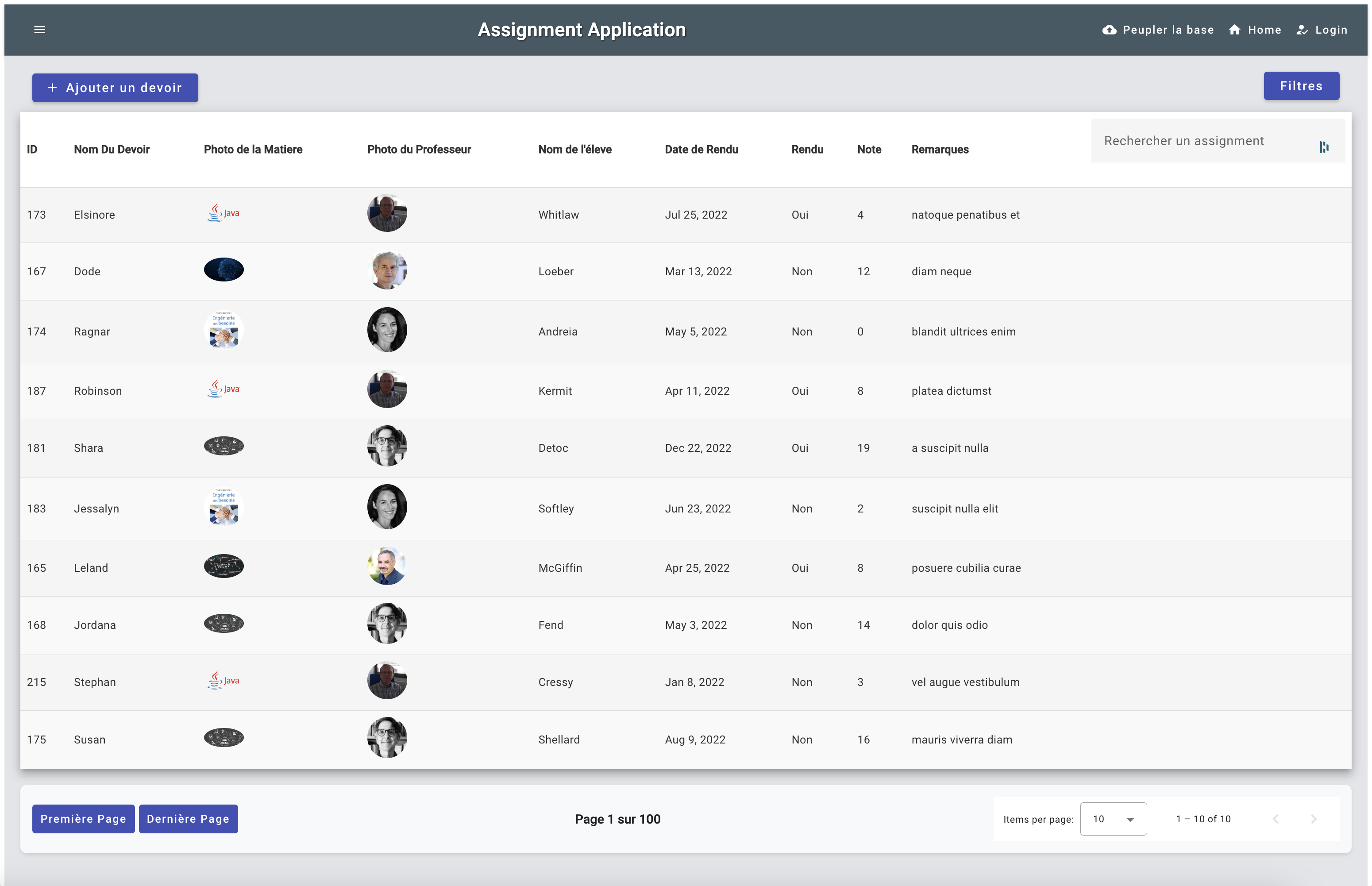 Capture d'écran du projet Application de gestion des devoirs